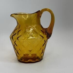 Vintage MCM Fenton Amber Glass Diamond Optic Mini Pitcher Ribbed Handle‎